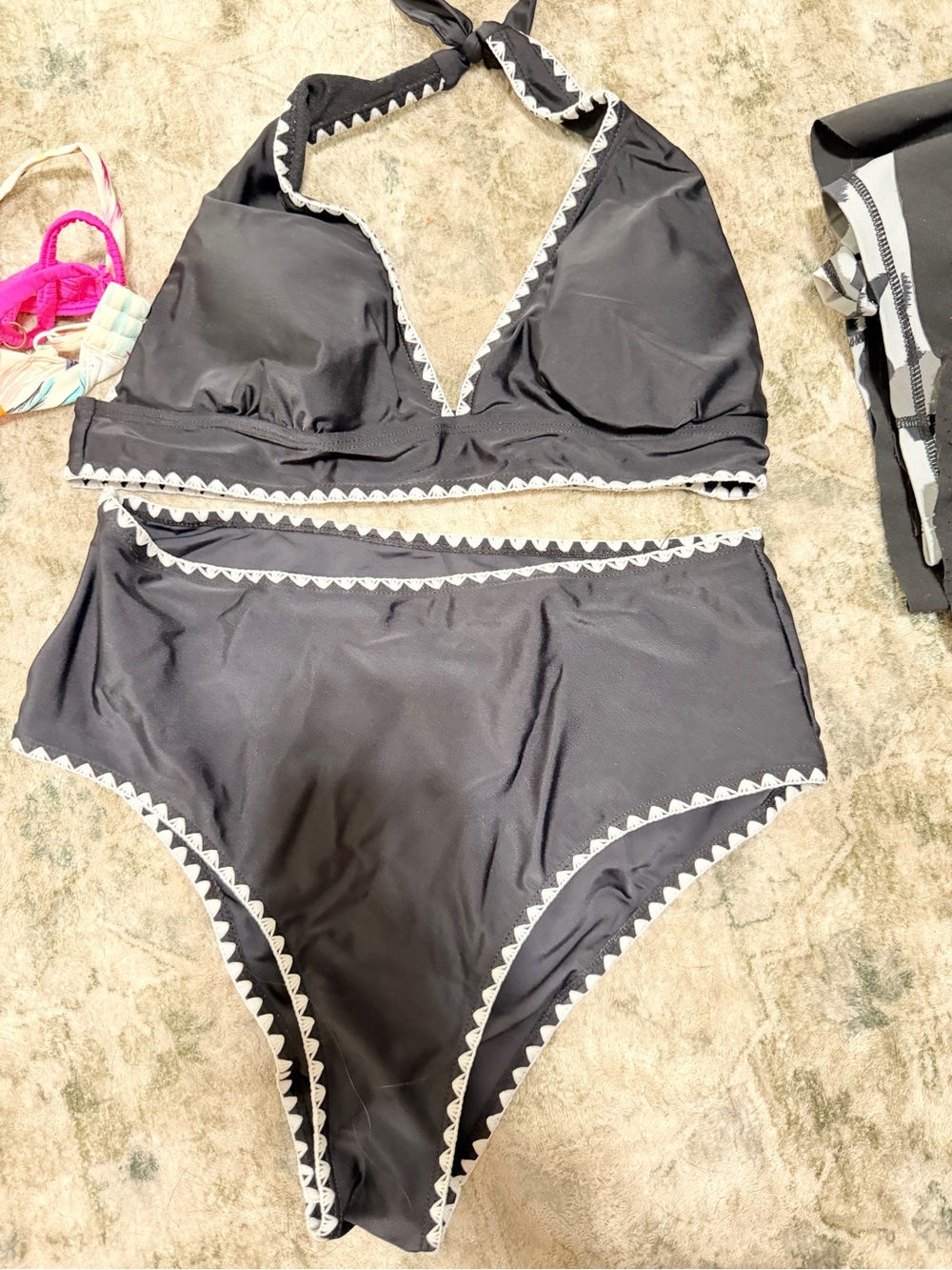 Black High-Waist Bikini Set with White Trim